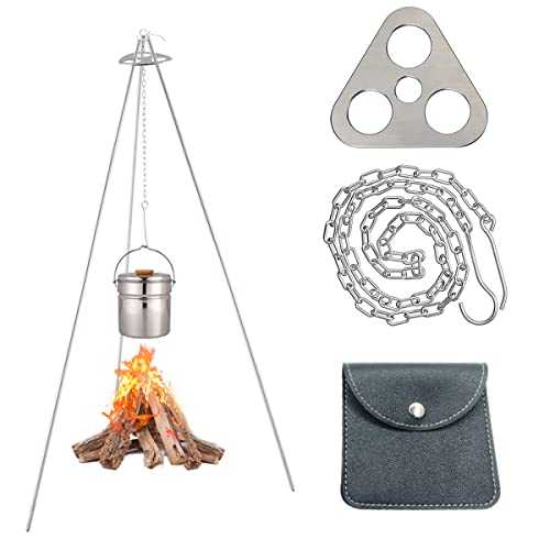 Porssaut Portable Camping Tripod set, Stainless Steel Campfire Cooking Accessories Set with Adjustable Chain Hanger Hook