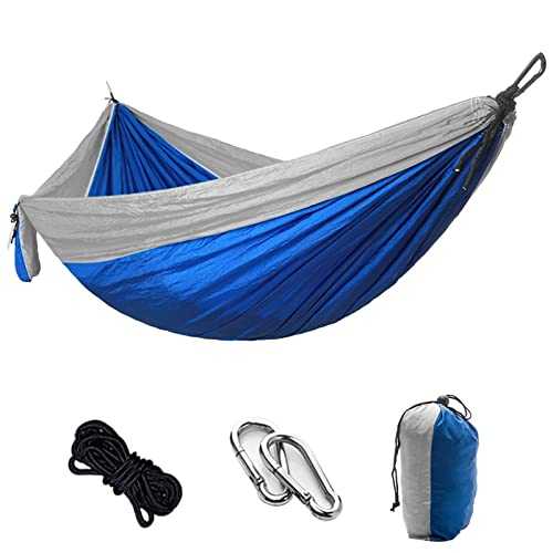 HJUGHPN Hammocks Single Double Hammock Adult Outdoor Backpacking Travel Survival Sleeping Bed Portable With 2 Straps 2 Carabiner Camping(Grey and Royal Blue)