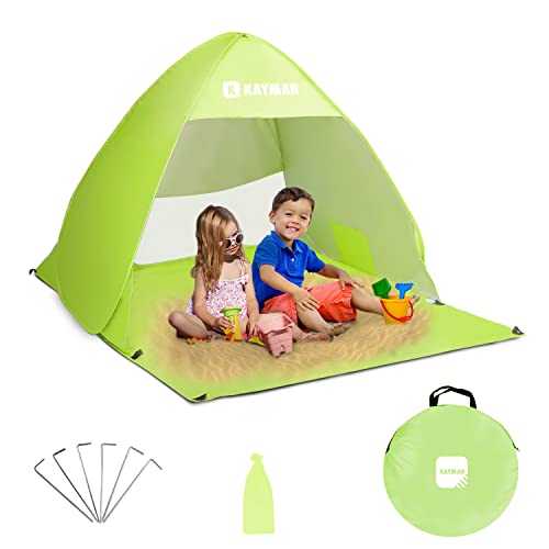 Kayman Pop Up Beach Tent - UPF 50+ for UV Protection for 3-4 Person with Carrying Travel Bag, Windproof Beach Sun Shelter with Zipper Door, Suitable for Family and Dog, Park, Garden and Beach (Green)