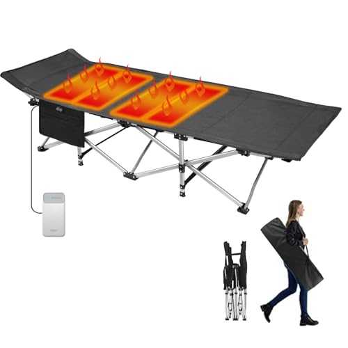 PLKO Heated Camping Cot for Adults, Heavy Duty Folding Camping Cot with Carry Bag, Ideal for Camping, Travel, Office or Home, Max Load 500lbs, Black