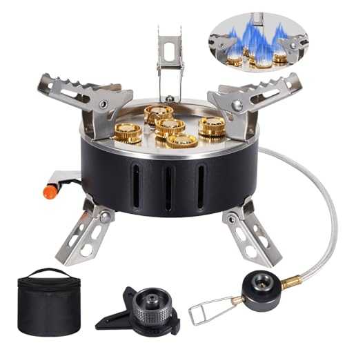 11000W Camping Gas Stove, SOPPY Portable Gas Stove with 5 Copper Stove Head, Adjustable Ultralight Folding Gas Stove Burner, Portable Windproof Furnace for Camping Hiking Backpack Trekking Outdoor