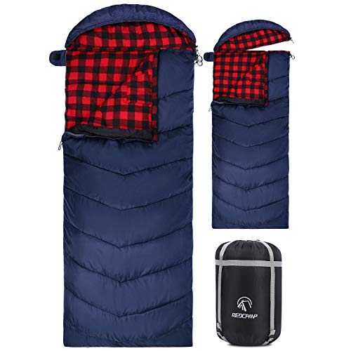 REDCAMP Flannel Sleeping Bag for Adults, Comfortable Cotton Sleeping Bags for Camping with Detachable Hood, Red/Grey/Blue