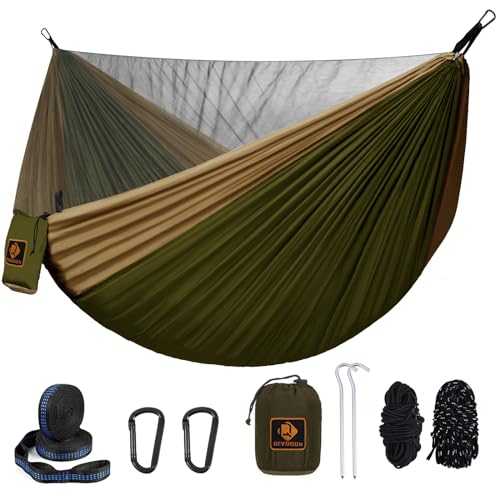 Camping Hammock, Portable Hammocks with Mosquito Net,Lightweight Nylon Parachute Hammock with 10ft Tree Straps,Camping Gear Must Haves for Travel Hiking Backpacking Beach Patio-Green&Khaki