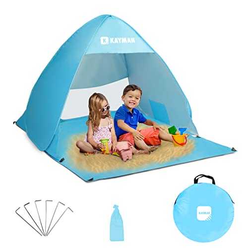Pop Up Beach Tent - UPF 50+ for UV Protection for 3-4 Person with Carrying Travel Bag, Windproof Beach Sun Shelter with Zipper Door, Suitable for Family and Dog, Park, Garden (Blue)