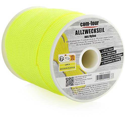 COM-FOUR® Paracord cord Ø 4mm, 100m - rope with 6 core strands for boats, camping, outdoor - nylon rope with 250kg load capacity - tent rope, guy rope, all-purpose rope