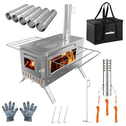 UNHO Camping Tent Stove: Portable Wood Burning Stove Stainless Steel Outdoor Cooking Heater Log Burner with 7 Chimney Pipes for Tent Shelter Garden Silver