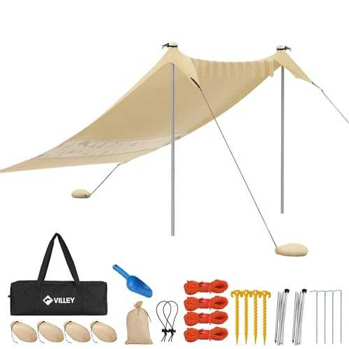 VILLEY Beach Tent Sun Shelter for 1-3 People, Portable Beach Shelter 2.4m x 2m with 2 Aluminum Poles, UPF50+ Beach Shade with Reinforced Corners, Ideal for Beach, Camping, Picnic (Khaki)