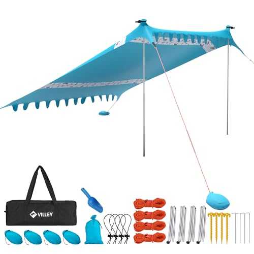 VILLEY Sun Tent 3 m x 3.3 m Blue, UPF50+ UV Protection Lycra Beach Tent for 6 People, Parasol Beach with Sandbag and 2 Support Poles for Picnic, Fishing, Sun Protection