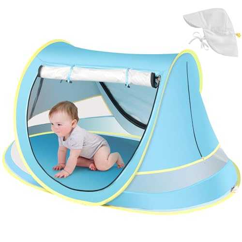 Wilhiker Baby Beach Tent with Baby Hat, Pop Up Toddler Travel Tent with Sun Hat for Boys or Girls, Sun Protection for Toddler Camping, Infant Portable Sun Protection, Summer Beach Baby