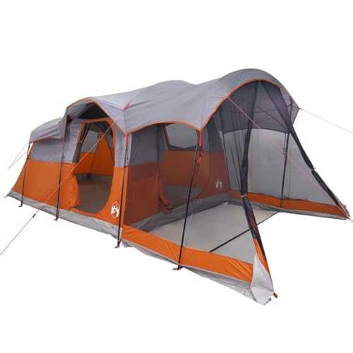 ** vidaXL Family Tent Tunnel 8-Person Camping Grey/Orange Waterproof with Porch and E-Port - 610x244x198 cm