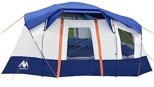 10 Person Tent - AYAMAYA Waterproof Multi Room Large Family Camping Tents with Skylight & Removable Rainfly, Portable Huge Cabin Tent 2 Doors with Porch, 4 Mesh Windows, Projection Screen for Camping