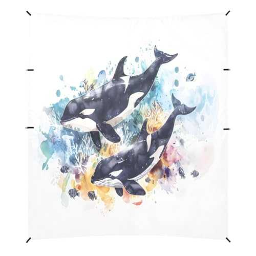 Camping Sun Shelters Watercolor Killer Whales and Fish under The Sea Beach Canopy 126 * 110.2in