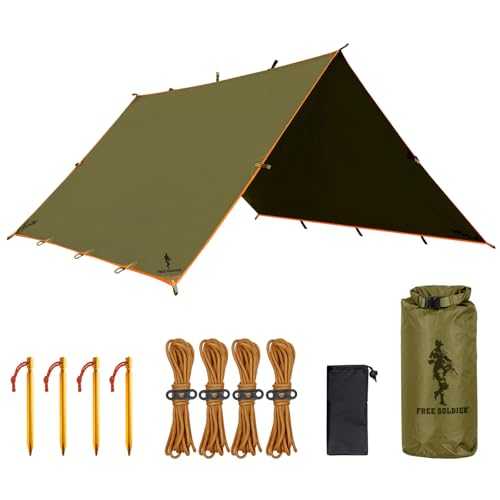 FREE SOLDIER Camping Tarp Waterproof 3m x 3.2m Large Hammock Tent Tarp Portable Tarpaulin Anti-UV Shelter Sun Block Sunshade Awning for Camping Hiking Traveling Outdoor Sports (Brown with Nails)