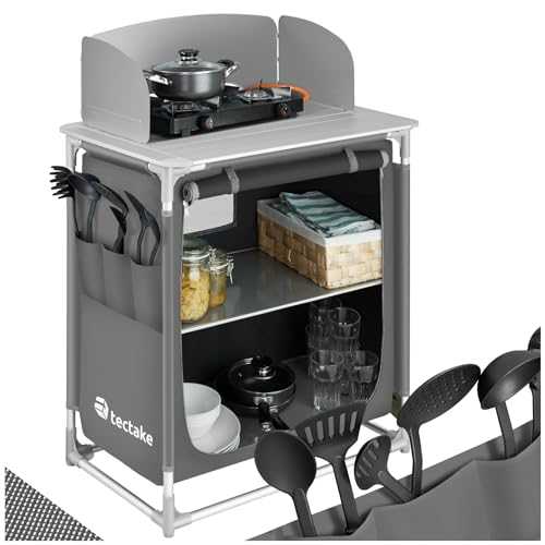 TecTake® Portable Camping Kitchen - 2 Shelves, 3 External Pockets, Heat-Resistant Worktop, & Zipped Door - Cupboard & Outdoor Storage Cabinet - Compact, Lightweight & Includes Carry Bag - Grey