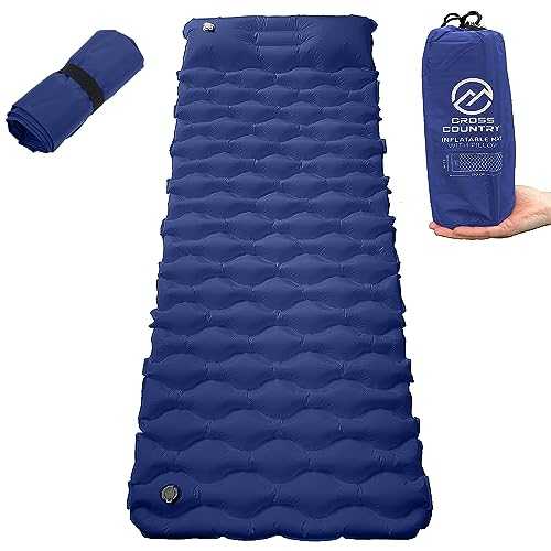 CROSS COUNTRY Ultralight Inflatable Camping Mat – Durable Sleeping Mat | Single Sleeping Pad with Pillow | Waterproof, Lightweight & Compact Camping Mattress for Backpacking, Hiking (Blue)