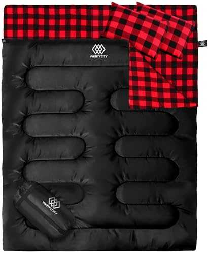 WERTYCITY Cotton Flannel Double Sleeping Bag with 2 Pillows for Adults Kids Camping, 3 Season Two Person Sleeping Bag Lightweight Waterproof with Compression Sack, Queen Size XL