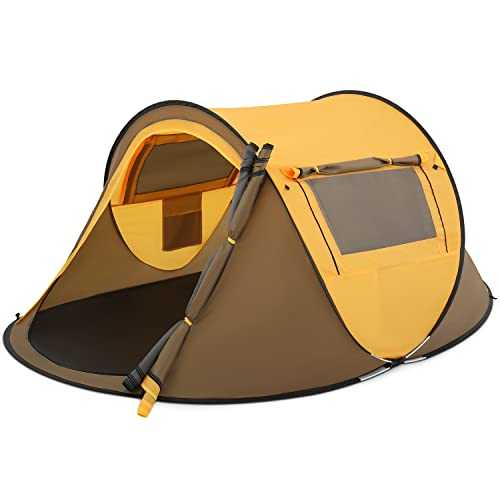 MoNiBloom Pop Up Tent 2 Person for Camping Waterproof Outdoor Easy Set Up Automatic Family Travel Tent, 2 Doors and Side Windows Instant Easy Popup Beach Tent with Carry Bag, Yellow