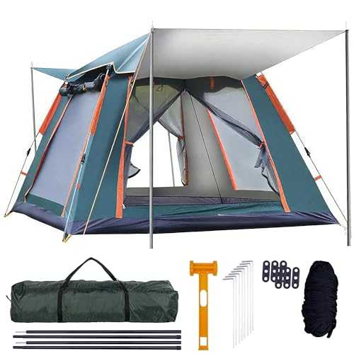 Camping Tent Automatic Instant Tent for 3-4 people Pop Up Ultralight Green Dome Tent 4 Seasons Waterproof & Windproof & Sunproof Camping Tent with Rainproof Cover, Camping Hammer
