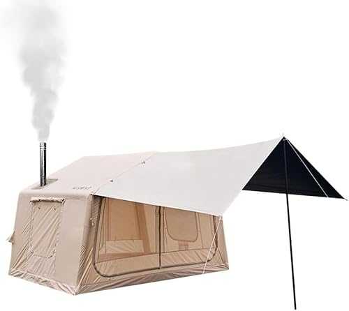 TentHome Inflatable Tent with Pump and Removable Awning, Family Cabin Tent, Luxury Air Tent, Waterproof Camping Tent, Large House Tent, Standing Height for 2-3 People, Quick to Assemble, Beige