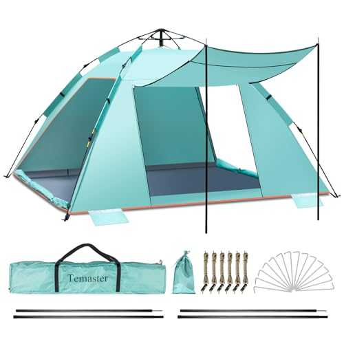 4-5 Person Instant Pop Up Automatic Beach Tent, Extra Large Portable Ventilated Automatic Sun Shelter Tent with 3 expandable porch, UPF 50+ Easy Setup Beach Tent for Picnic,Beach,Garden