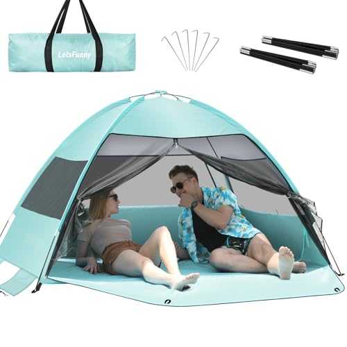 Large Easy Setup Beach Tent,Anti-UV Beach Shade Beach Canopy Tent Sun Shade with Extended Floor & 3 Mesh Roll Up Windows Fits 3-4 Person,Portable Shade Tent for Outdoor Camping Fishing (Mint Green)