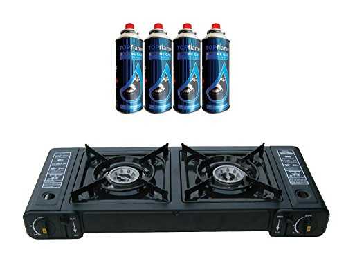 Topflame Portable Gas Stove - Dual Burner Double Hob Camping Cooker + 4 Butane Gas Refills