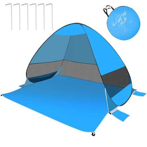 Les-Theresa Pop Up Beach Shelter Uv Tent Sun Shade for 3-4 Person, Beach Shade Portable Sun Uv Protection with 4 Sandbags, Shade Tent Windproof for Fishing Hiking Camping (Light blue)