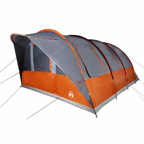 vidaXL Waterproof Family Tent Tunnel - 7-Person, Grey/Orange, Easy Setup, E-Port, Ventilated with Mosquito Mesh, Sun Canopy