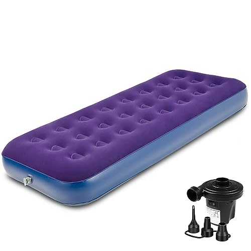 Victoper Air bed, Quick Inflatable Mattress Blow Up Bed Single Camping Mattress Flocked Surface Coil Beam Construction Quick Inflation Air Mattress L188cm x W73cm x D22cm