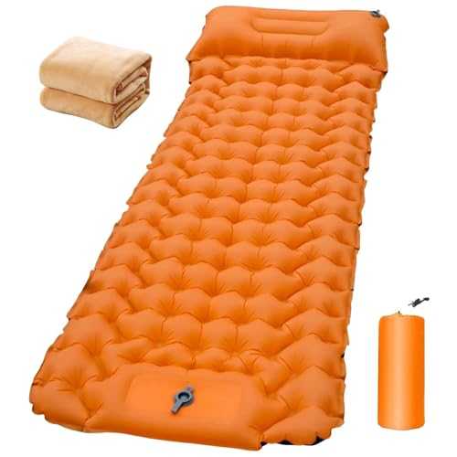 Fiskr Inflatable Sleeping Pad for Camping, 77''X26'', Sleeping Mat with Built-in Pump, Airpad, Carry Bag, Repair Kit - Compact & Lightweight Air Mattress for Camping Hiking Backpacking (Orange)