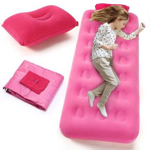Vercraft Kids Sleeping Pad for Camping Air Bed Flocked Surface with Inflatable Pillow Camping Air Mattress for Backpacking Travel Sleepover Outdoor Tent Guest(Pink)
