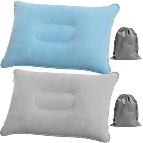 Amexo 2 Pack Camping Pillows Compact Portable Blow Up Pillow for Outdoor Soft Air Travel Pillow with 2 Drawstring Bags for Neck and Lumbar Support (Grey Blue)