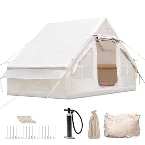 Inflatable Camping Tent with Pump, Glamping Inflatable Sport Tent for Camping, 4 Season Windproof Outdoor Oxford Blow Up Cabin Tent with Mesh Windows & Doors for Camping