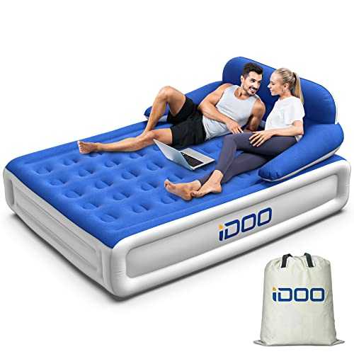 iDOO Large King Size Air Bed, Inflatable Air Mattress with Built-in Electric Pump & Headboard, Self-inflating Guest Airbed with Flocked Surface, Blow Up Bed for Camping or Home Use, 216x152x46cm