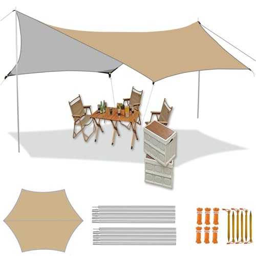 10x13ft Camping Tarp with Poles Waterproof Tent Tarpaulin Lightweight Hammock Rain Fly Anti-UV Awning Canopy Waterproof Outdoor Shelter