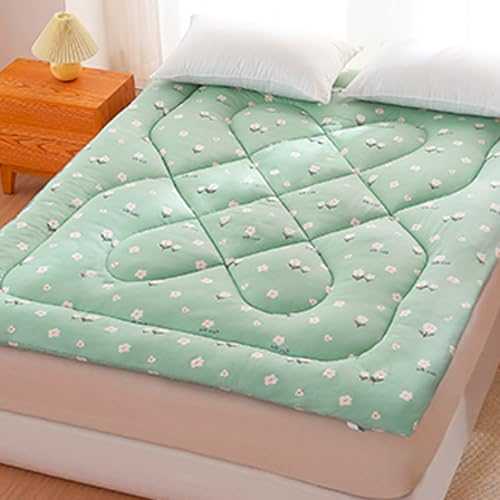 Single Double Folding Floor Mattress, Thickened Tatami Portable Sleeping Mat, Winter Non-Slip Soft Roll Up Bed Student Dormitory Mattress Topper, for Floor Guest Bed Sofa(Green grid,150*200cm)