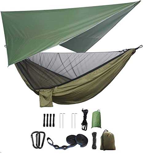 Camping Hammock Set, Single Double Hammock, Mosquito Net, Insect Net, Rainfly, High Strength Parachute Cloth Hammock. Suitable for outdoor, hiking, camping, travel Army Green