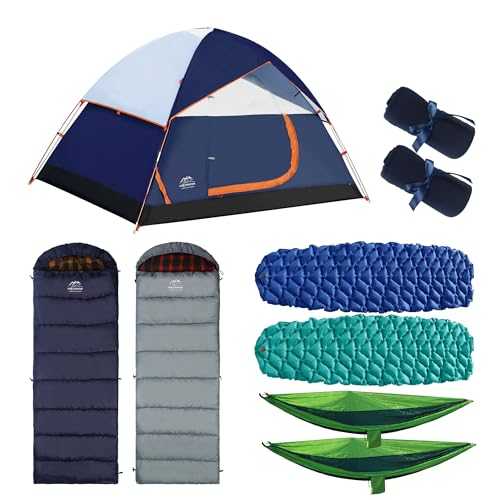 LANMOUNTAIN 9 Pcs Camping Set,Include 1 Camp Tent,2 Sleeping Bag,2 Hammock,2 Sleeping Pad/Camping Mat,2 Single Camping Hammock with 2 Tree Straps,2 Lightweight Fuzzy Bed Blanket for Family Outdoor