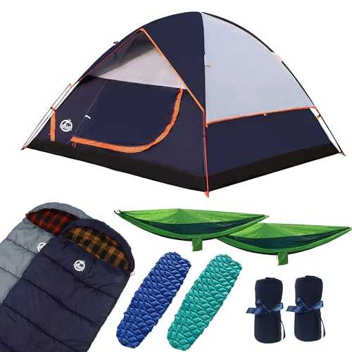 Northroad 9 Pieces Camping Tent Kit, Including 1x Dome Tent for 2/3 Person, 2X Sleeping Bag, 2X Air Mattress Camping Mat, 2X Single Camping Hammock with 2 Tree Straps, 2X Lightweight Blanket