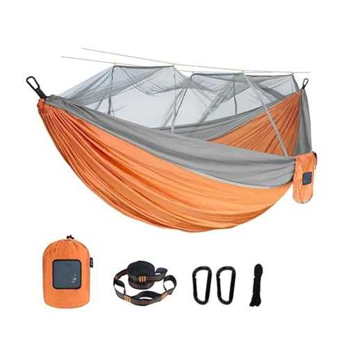 Outdoor Camping Accessories Portable Travel Outdoor Camping Hanging Sleeping Single and Double Hammock with Mosquito Net Camping Hammock(Single orange grey)