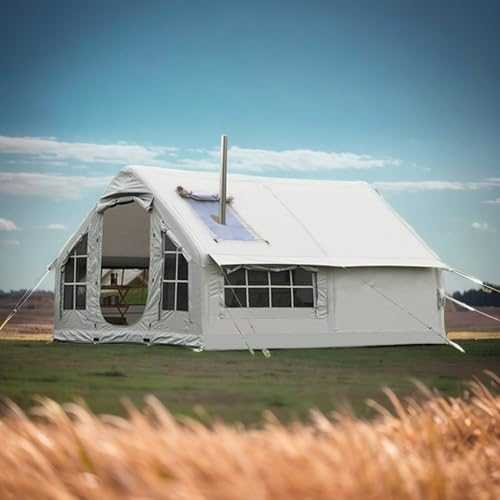 Outdoor Inflatable Tent with Air Pump, 6-8 Person Family Cabin Tents with Stove Jack, 4 Season Luxury Inflatable Camping Tent, Easy Setup, Air House Tent Large Blow Up Tent