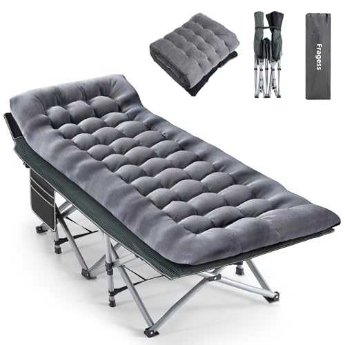 Fragess Folding Camping Cot for Adults Portable Outdoor Bed Heavy Duty Sleeping Cots for Camp with Pillow and Carry Bag, 1200D Double Layer Oxford, 600 LBS Weight Capacity(Grey+Black)