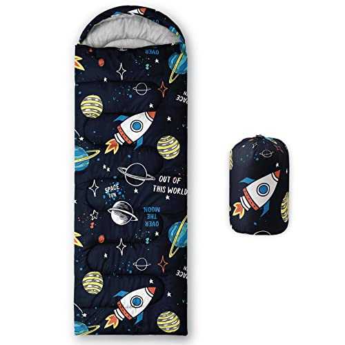 HOSIMA Sleeping Bags for Boys Girls Kids,Rocket Planet Printed Lightweight Warm Portable Outdoor Indoor Waterproof Cold Resistant Sleeping Bag for Camping Hiking