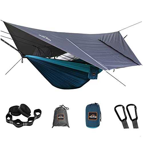AnorTrek Camping Hammock with Mosquito Net, Waterproof Rain Fly Tarp Set, Portable Double with Two Tree Straps, 210T Nylon for Hiking and Backpacking