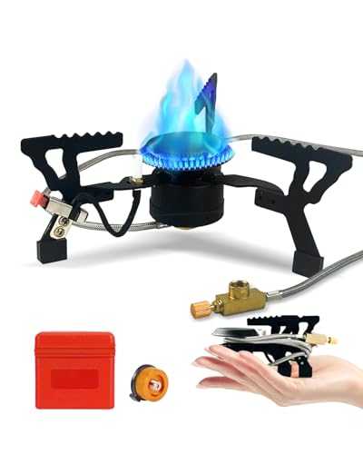 Olutula Portable Camping Gas Stove Wind-Resistant and Compact Equipped with a 5800W Burner Piezo Ignition Includes Adapters and Converters for Outdoor BBQs Cooking Fishing Hiking Picnics