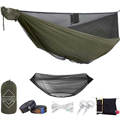 onewind 12Ft Camping Hammock with Mosquito Net, Ridgeline Double Hammock Portable Lightweight Large Hammock Ripstop Nylon Durable with 2 * 12Ft Tree Straps for Camping Hiking Backpacking, OD Green