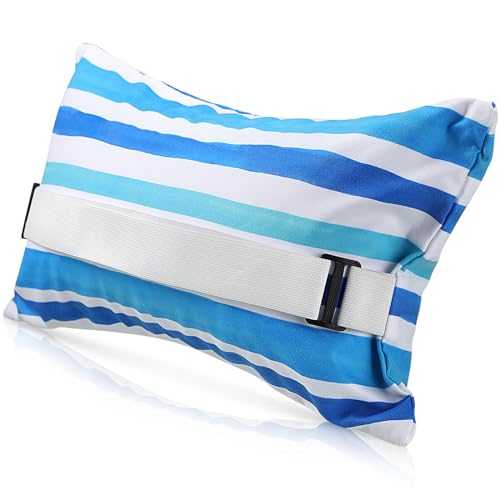 Menkxi Inflatable Beach Pillow 17"x10" Beach Pillow with Removable Cover, Beach Chair Pillow with Strap Stripe Backpacking Pillow for Summer Beach Sand Pools Travel Vacations(Blue White)