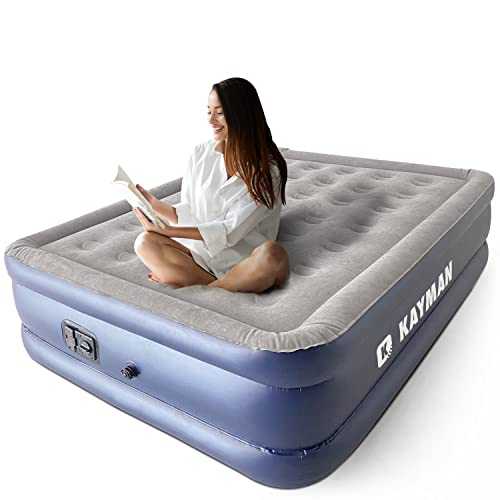 KAYMAN Double Queen Airbed with a Built-in Electric Pump, 3 Minutes Rapid Inflation Air Mattress, Integrated Pillow, Patch included