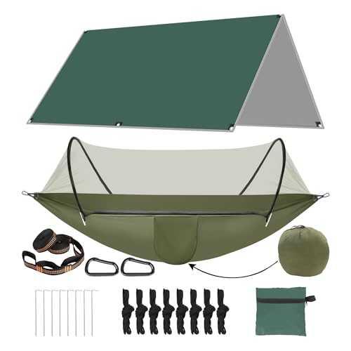 Camping Hammock with Mosquito Netand Tarp, Heavy Duty Tree Strap Portable Lightweight Double Parachute Hammocks Tent Waterproof Rainfly Set for Camping Backpacking Outdoor Hiking Travel Patio