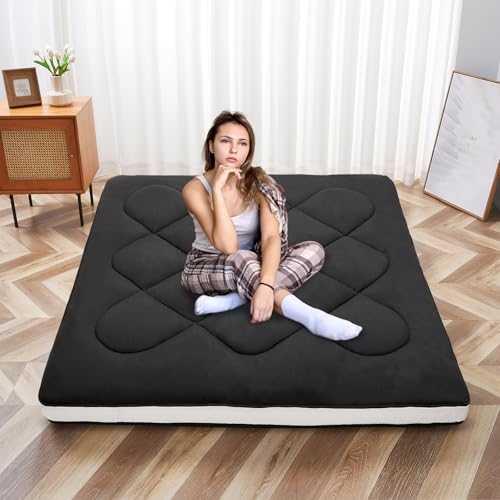 SUNYRISY Japanese Floor Mattress Futon Mattress, Thicken Roll up Sleeping Mattress Tatami Mat Floor Bed, Foldable & Portable Lounger Guest Bed Camping Mattress with Storage Bag, Double